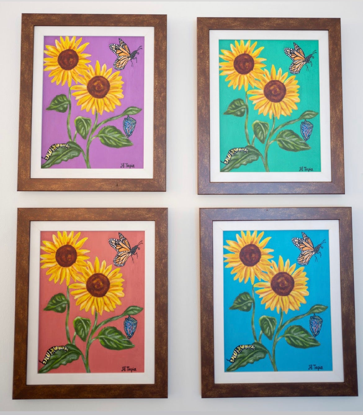 Sunflower print on canvas with double frame.
