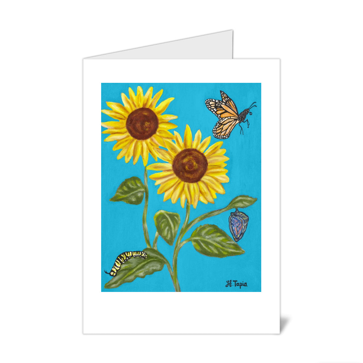 Sunflowers with blue background note cards featuring Heather