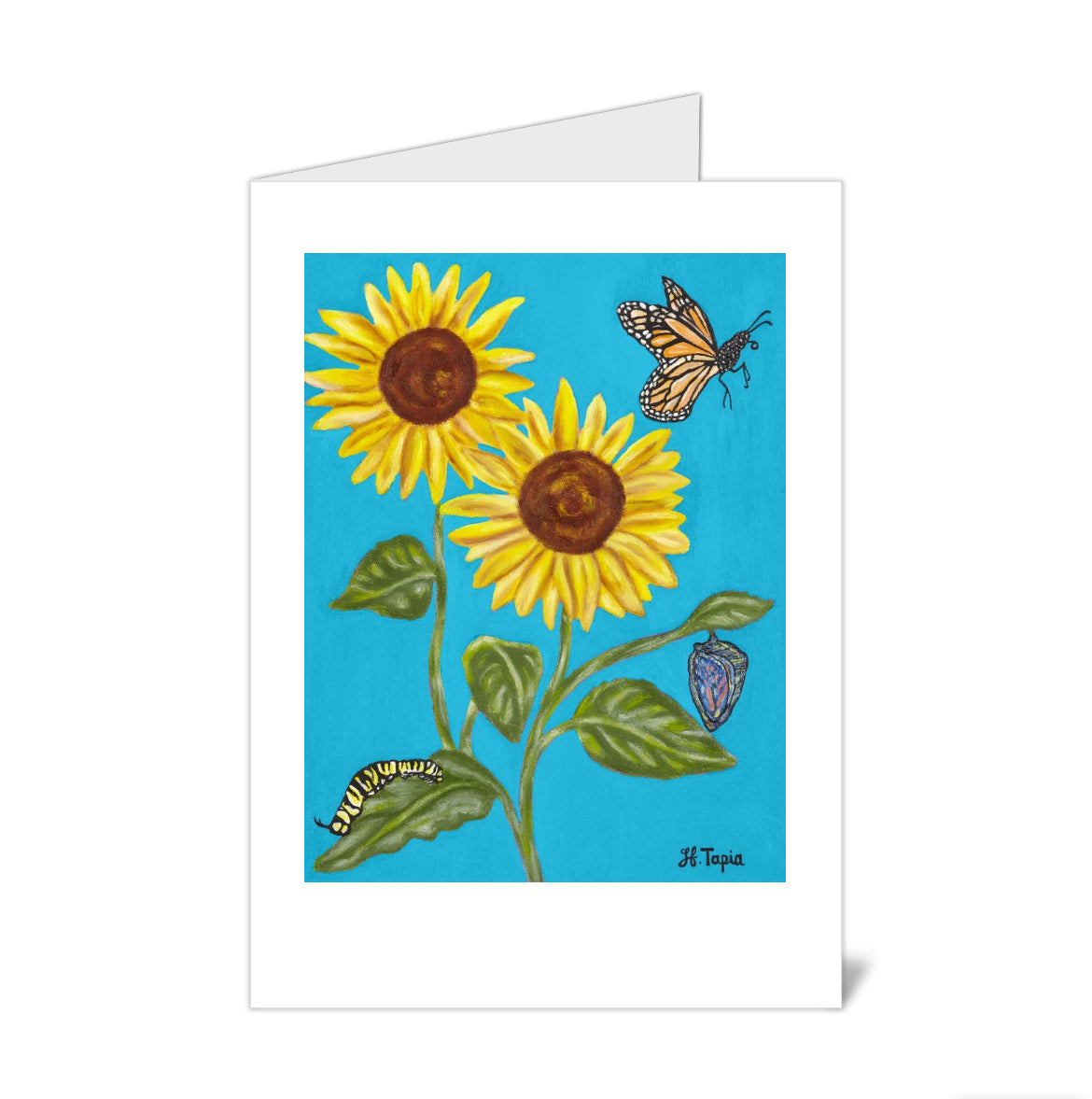 Sunflowers with blue background note cards featuring Heather