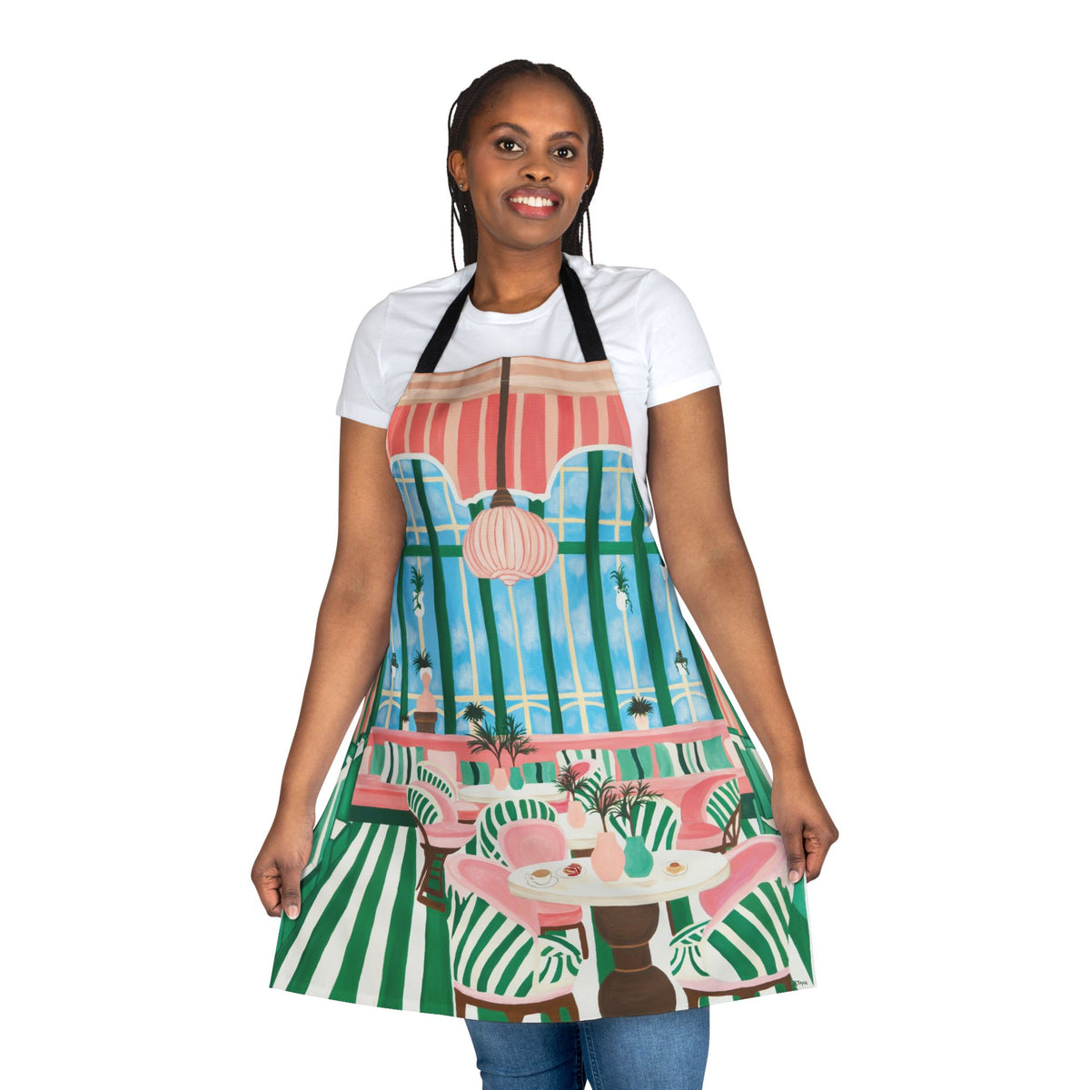 Cafe Con Leche Memories — Vintage Bistro Kitchen Apron with Pink & Green Stripe Design