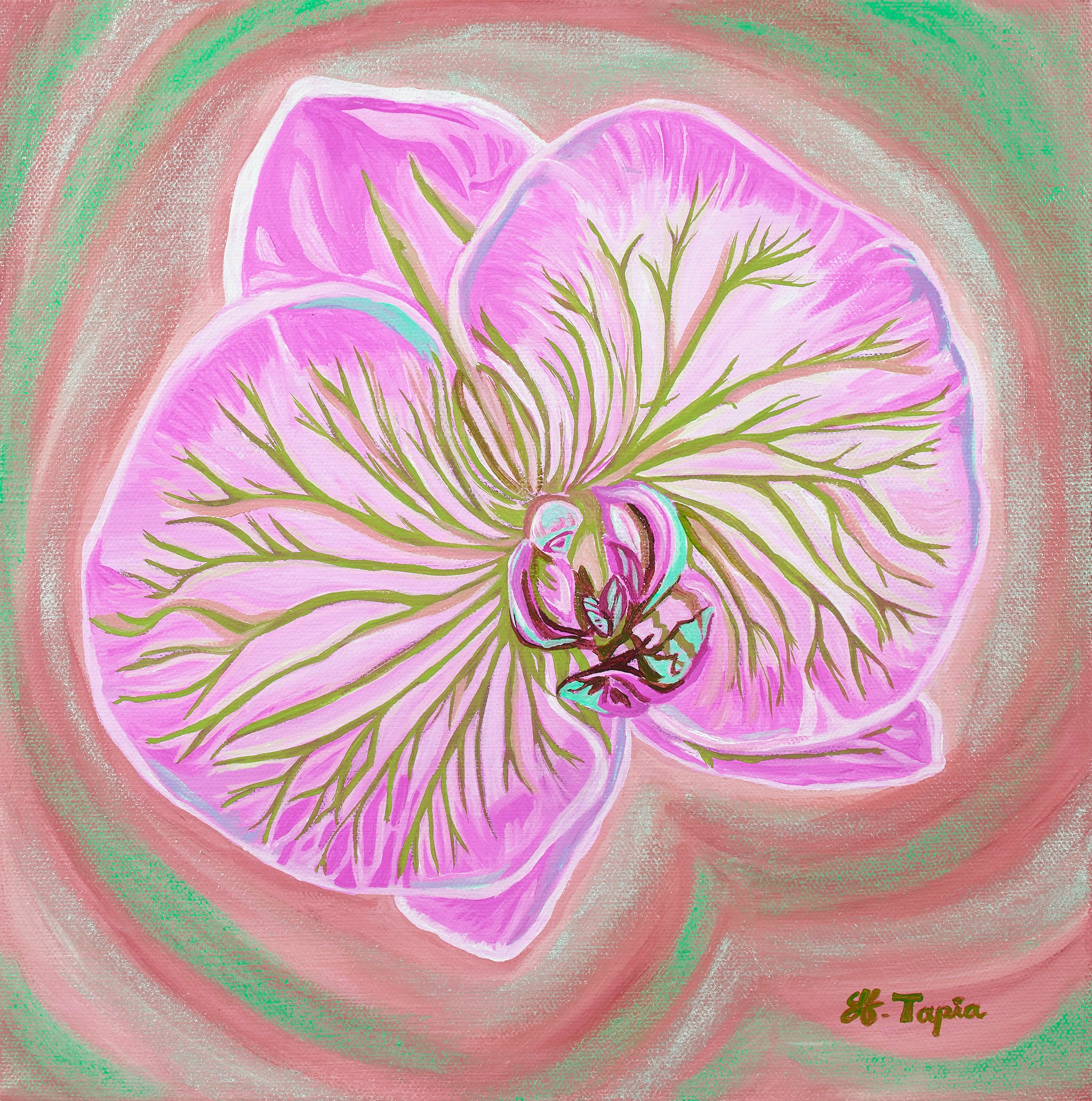 Pink orchid print on canvas with hand painted details